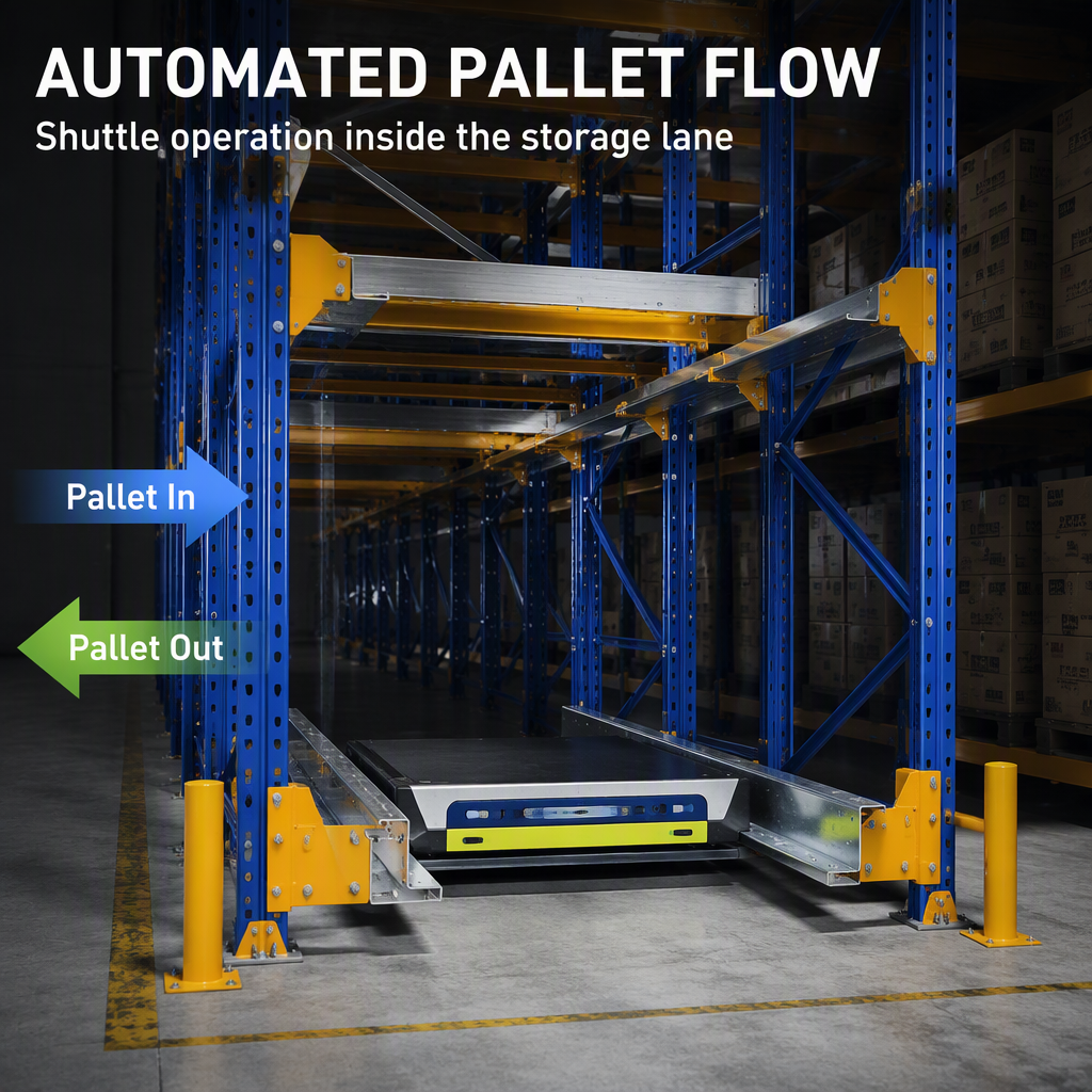 자동 라디오 셔틀 팔레트 랙 시스템 고밀도 창고 보관 - Automatic Radio Shuttle Pallet Racking System Steel Powder Coated Customizable High Density Warehouse Storage